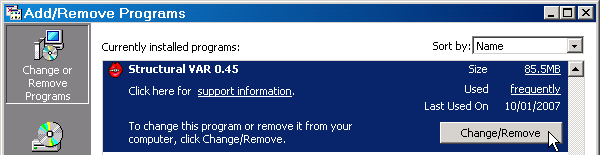Uninstalling Structural VAR via the 'Add/Remove Programs' Control Panel applet