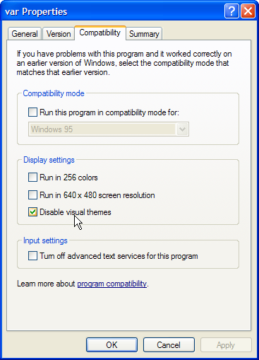 Properties dialog of var.exe in Windows XP with the Compatibility tab.